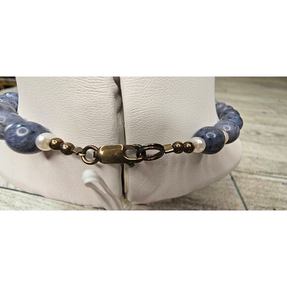 Sodalite and Natural Pearl Graduated Beaded Necklace 925 Lobster Clasp - Picture 4 of 4